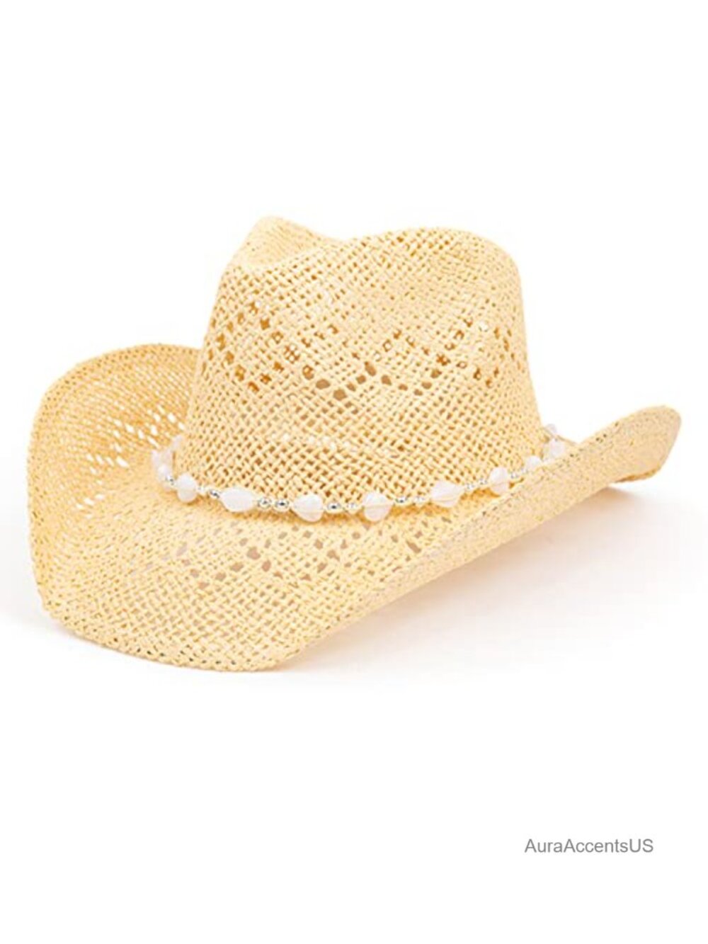 Straw Cowboy Hat Women Shapeable Brim Beaded Hearts Trim Western